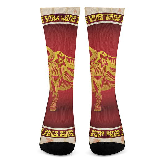 Chinese Ox Zodiac Sign Print Crew Socks