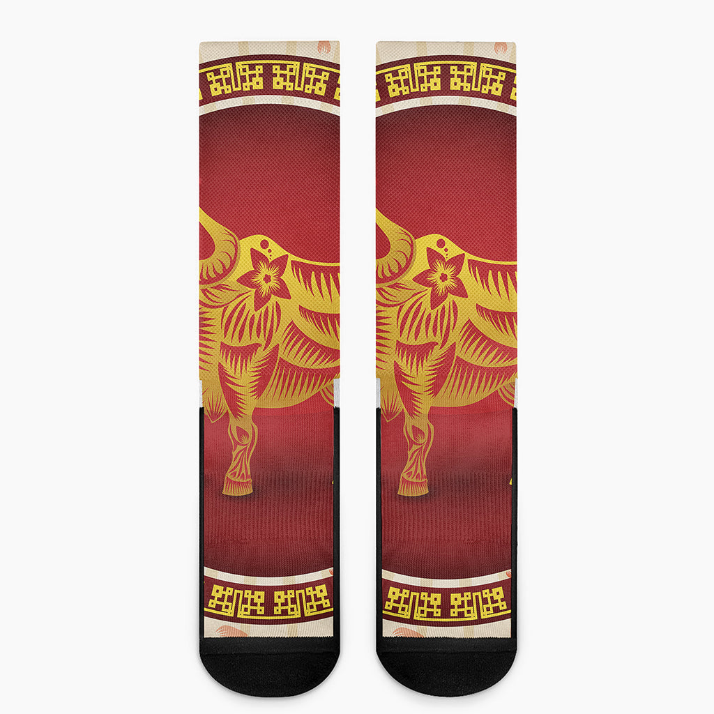 Chinese Ox Zodiac Sign Print Crew Socks