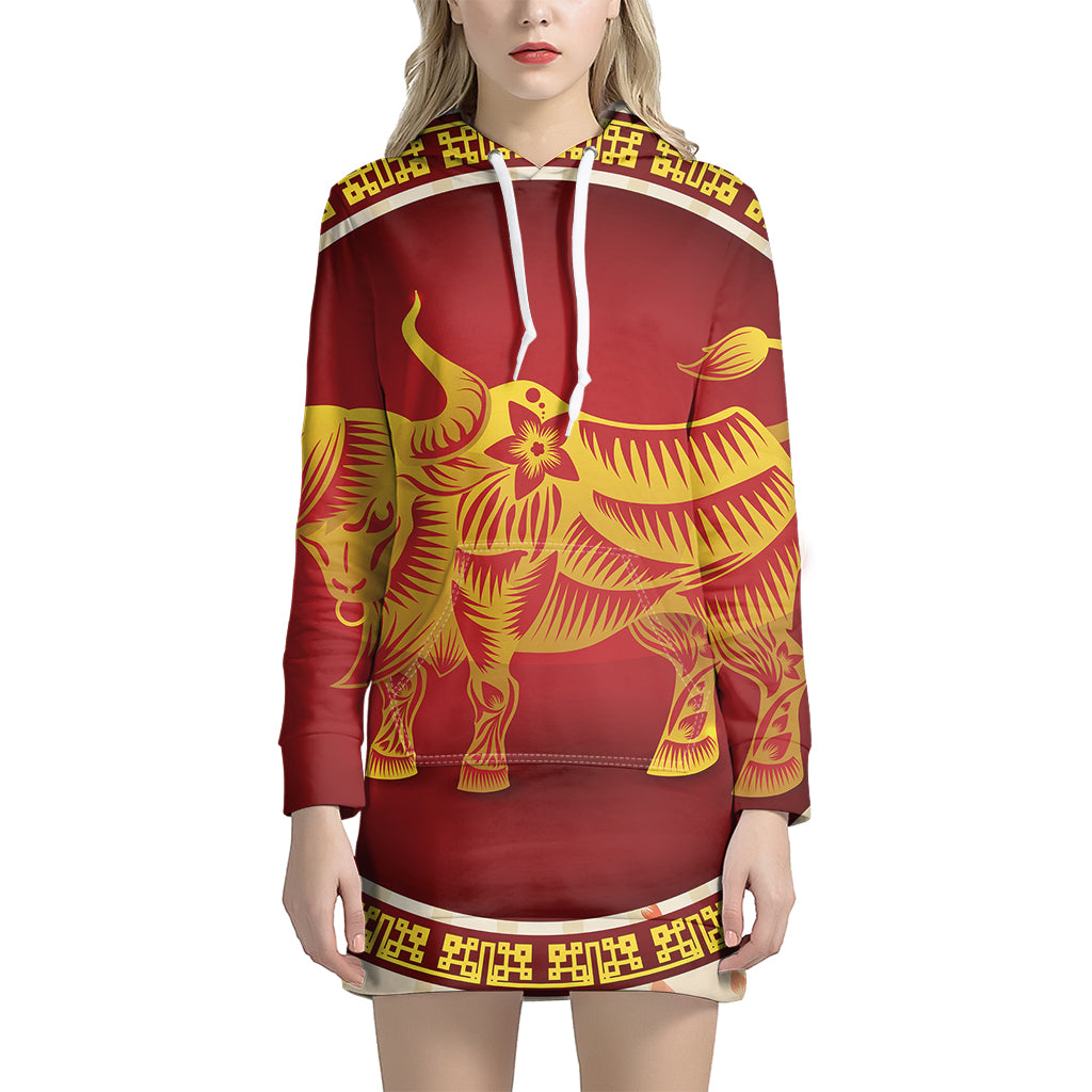 Chinese Ox Zodiac Sign Print Pullover Hoodie Dress