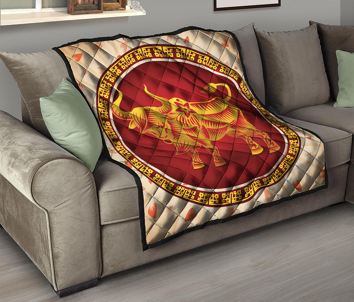 Chinese Ox Zodiac Sign Print Quilt