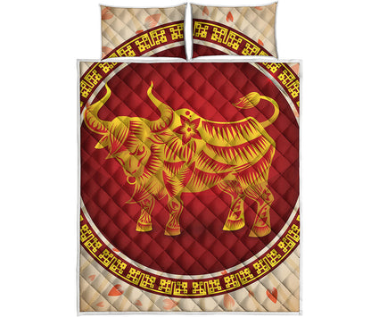 Chinese Ox Zodiac Sign Print Quilt Bed Set