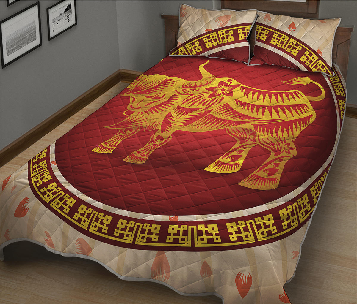 Chinese Ox Zodiac Sign Print Quilt Bed Set