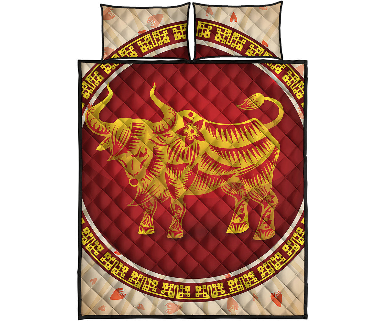 Chinese Ox Zodiac Sign Print Quilt Bed Set