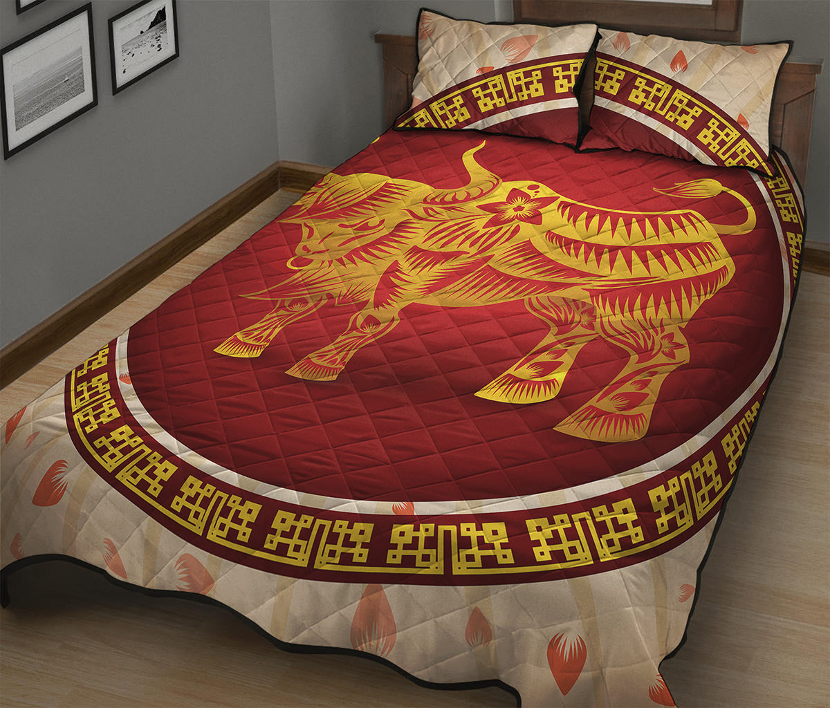 Chinese Ox Zodiac Sign Print Quilt Bed Set