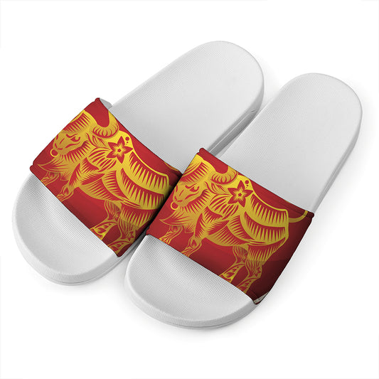 Chinese Ox Zodiac Sign Print White Slide Sandals
