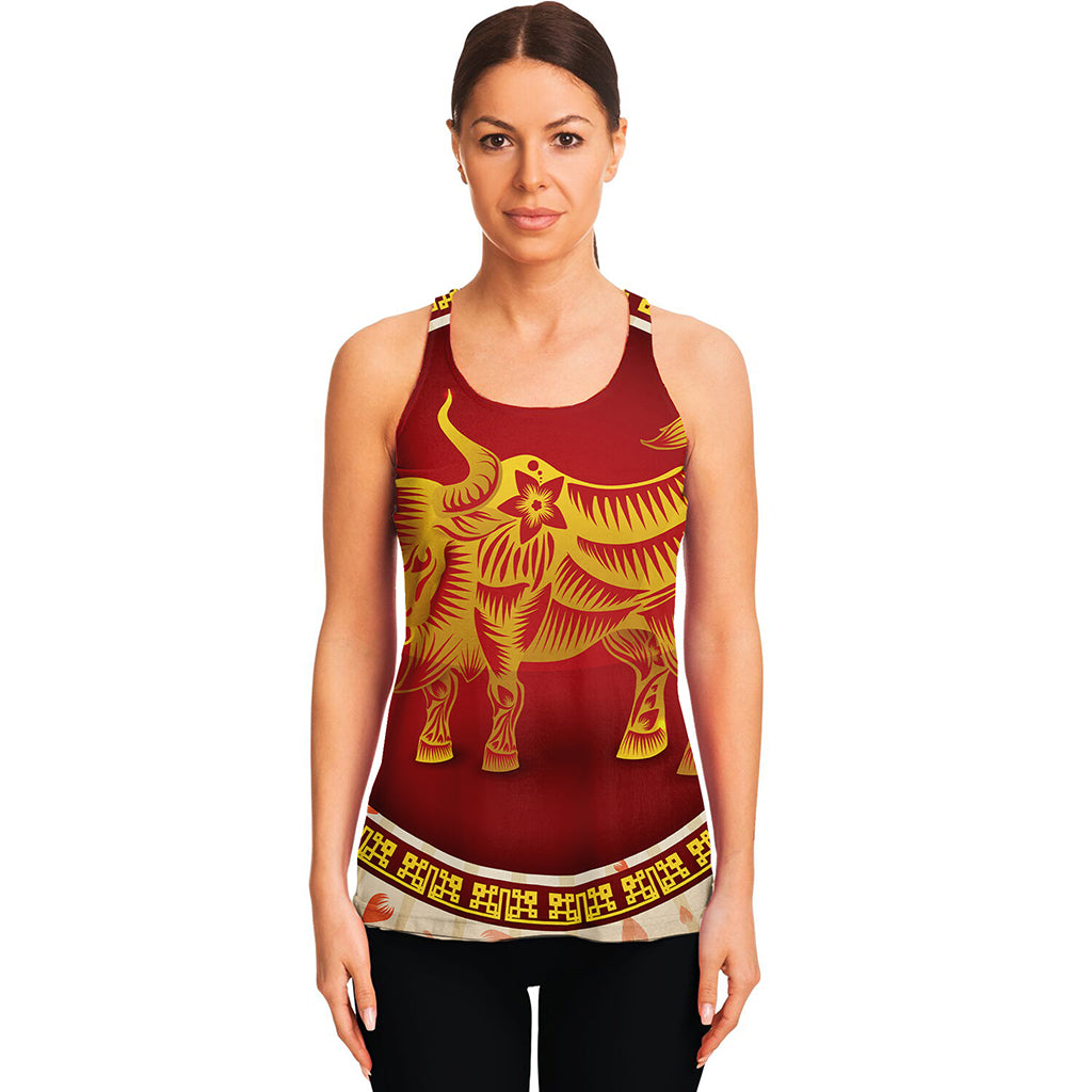 Chinese Ox Zodiac Sign Print Women's Racerback Tank Top
