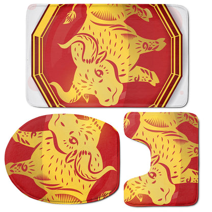 Chinese Ox Zodiac Symbol Print 3 Piece Bath Mat Set