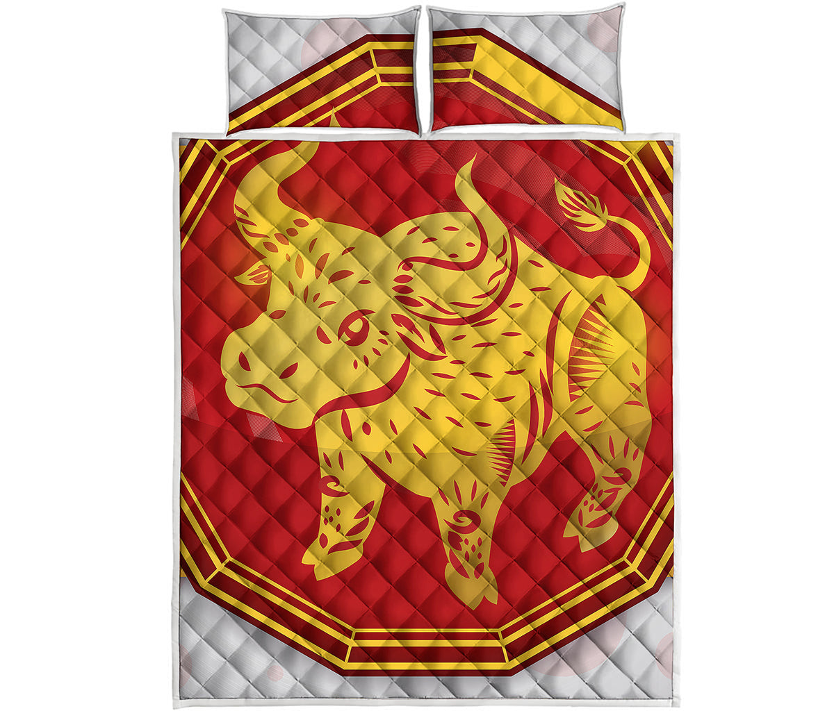 Chinese Ox Zodiac Symbol Print Quilt Bed Set