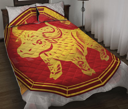 Chinese Ox Zodiac Symbol Print Quilt Bed Set