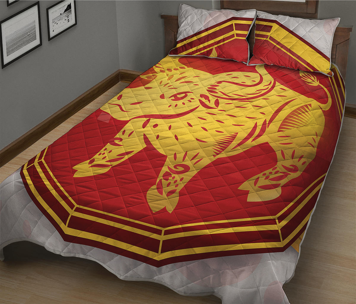 Chinese Ox Zodiac Symbol Print Quilt Bed Set