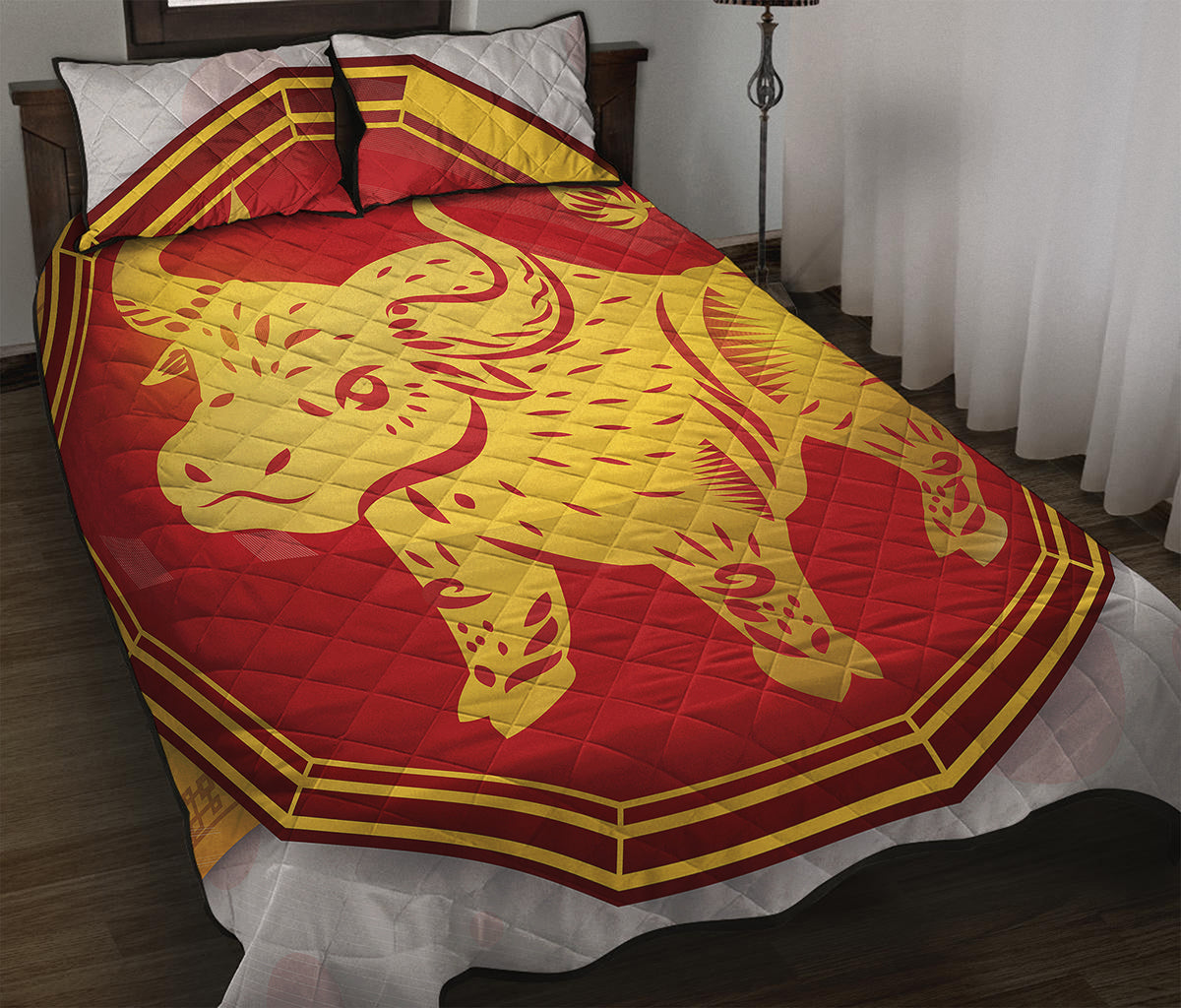 Chinese Ox Zodiac Symbol Print Quilt Bed Set