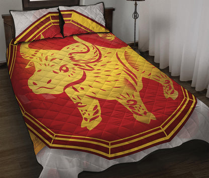 Chinese Ox Zodiac Symbol Print Quilt Bed Set