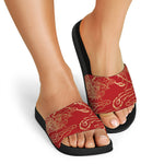 Chinese Phoenix Print Black Slide Sandals