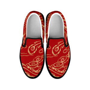 Chinese Phoenix Print Black Slip On Shoes