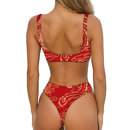 Chinese Phoenix Print Front Bow Tie Bikini