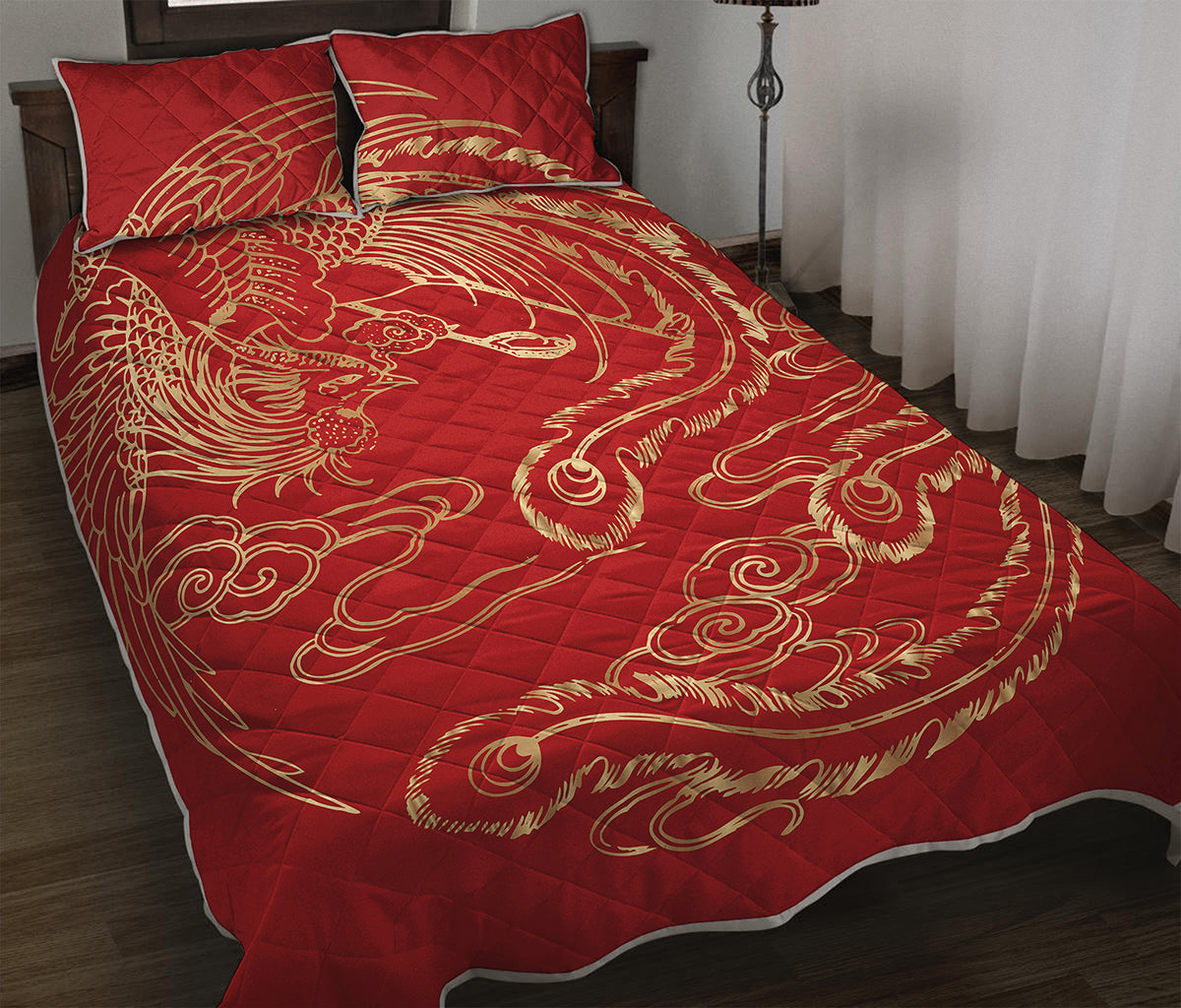 Chinese Phoenix Print Quilt Bed Set