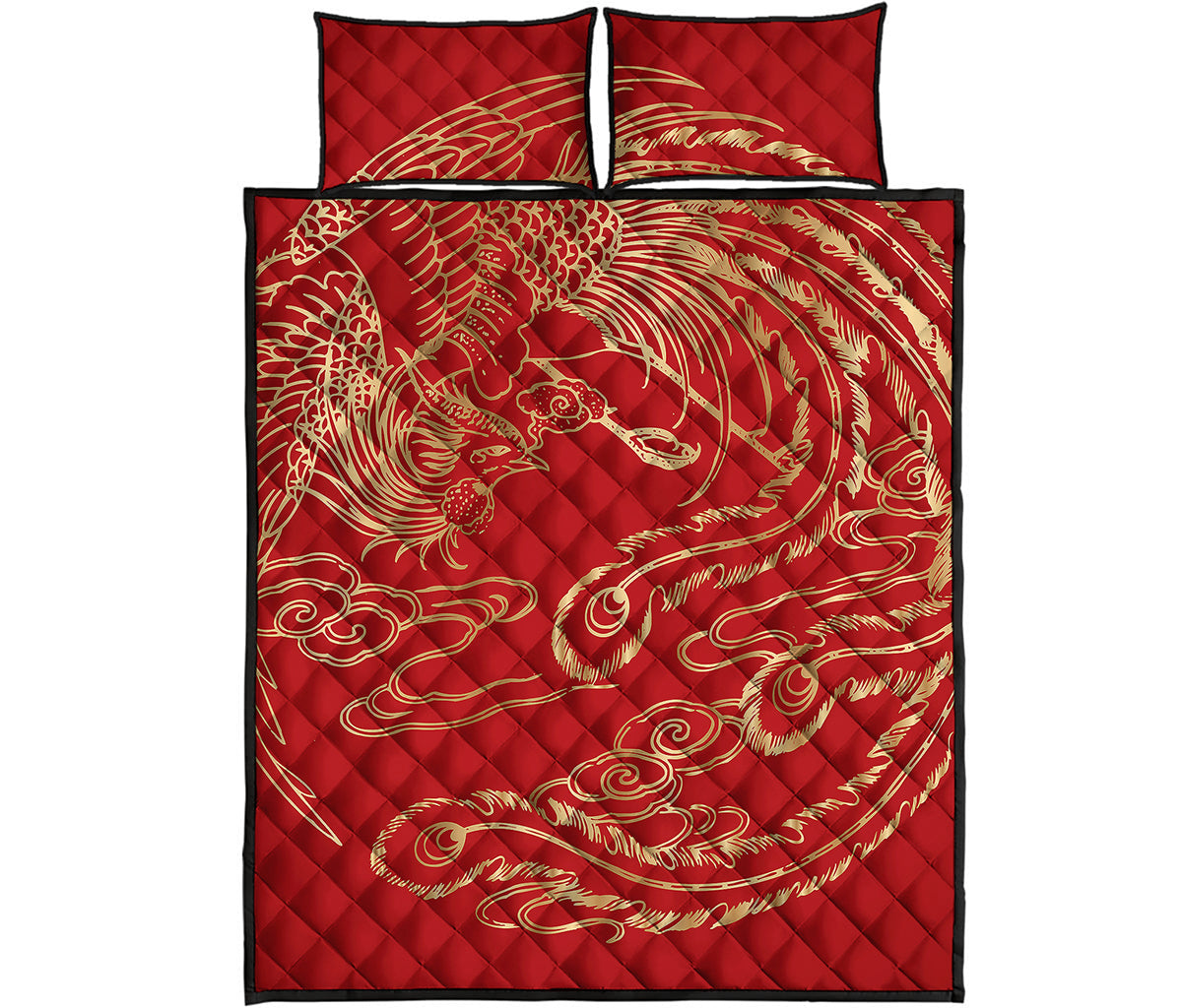 Chinese Phoenix Print Quilt Bed Set