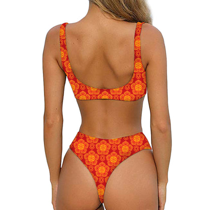 Chinese Prosperity Symbol Pattern Print Front Bow Tie Bikini