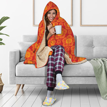 Chinese Prosperity Symbol Pattern Print Hooded Blanket