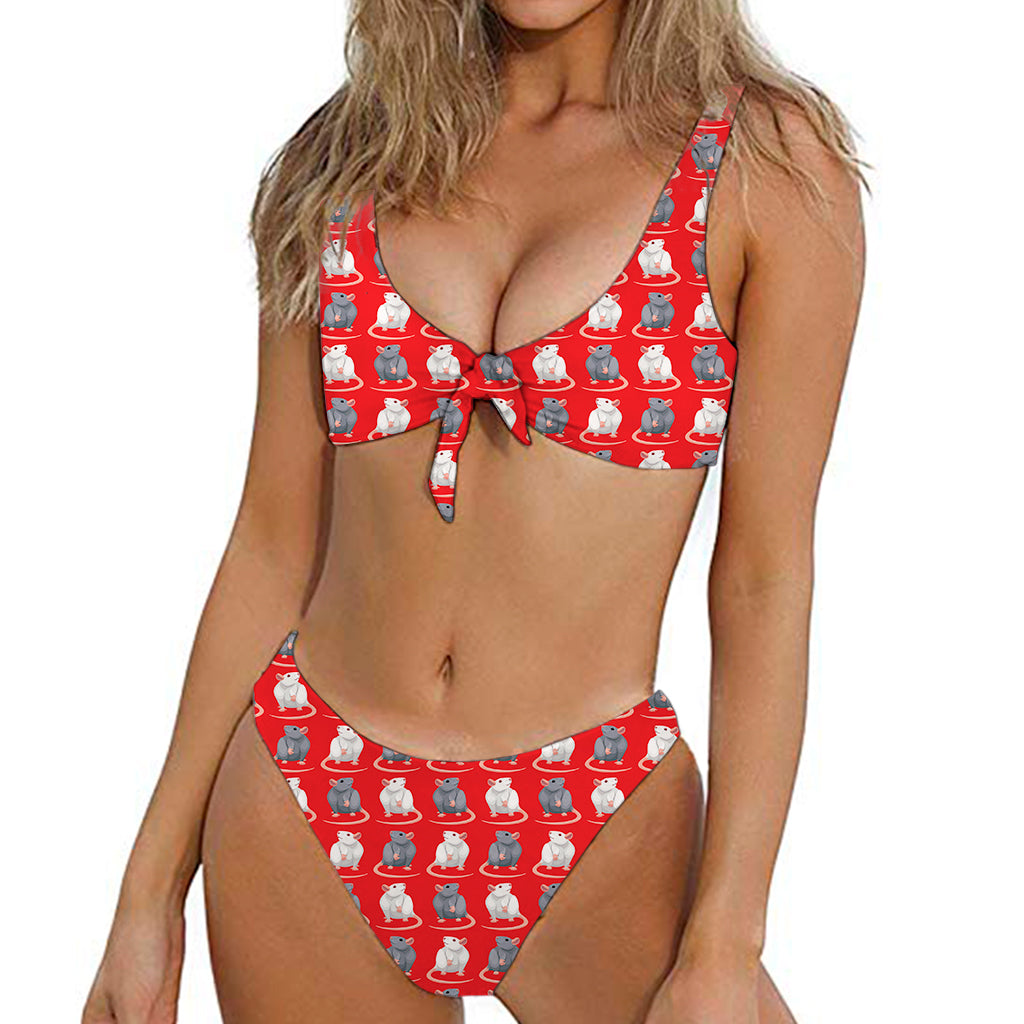 Chinese Rat Zodiac Pattern Print Front Bow Tie Bikini