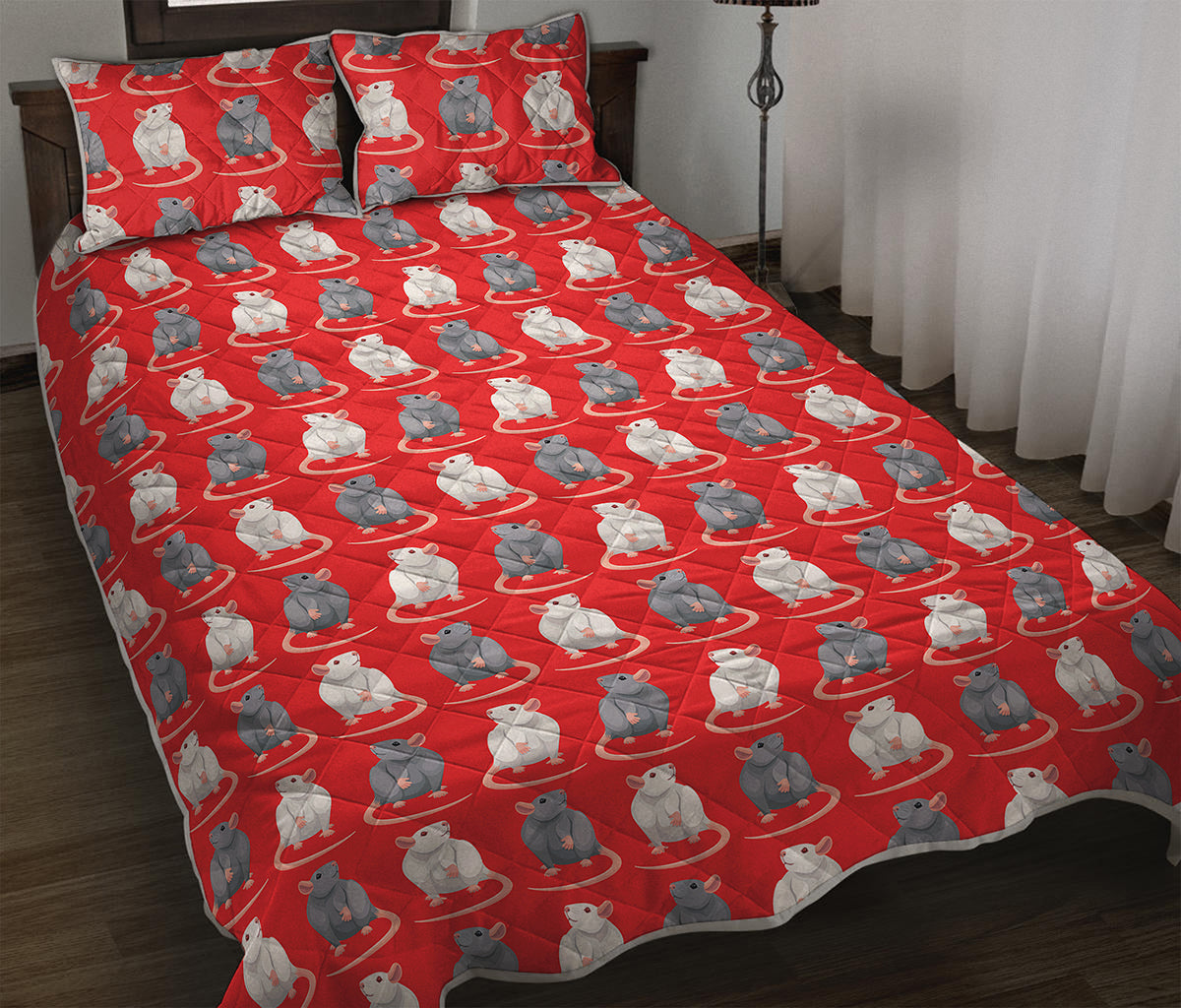 Chinese Rat Zodiac Pattern Print Quilt Bed Set
