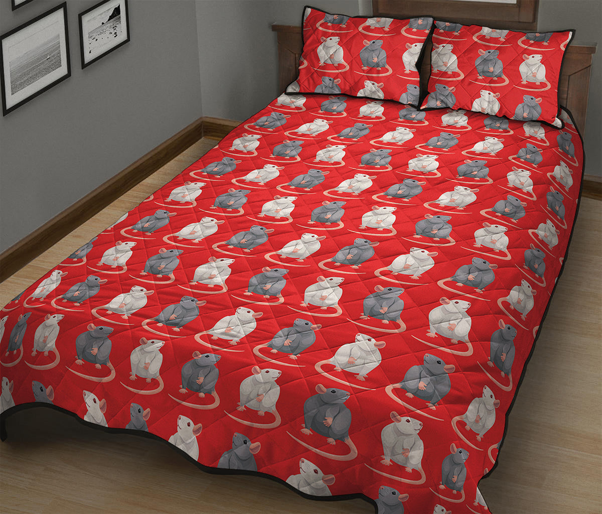 Chinese Rat Zodiac Pattern Print Quilt Bed Set