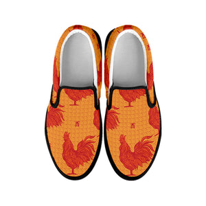 Chinese Rooster Pattern Print Black Slip On Shoes