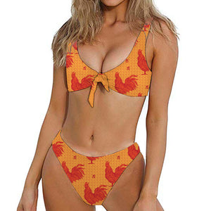 Chinese Rooster Pattern Print Front Bow Tie Bikini