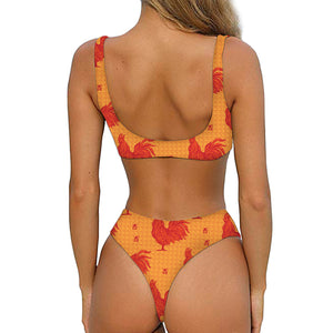 Chinese Rooster Pattern Print Front Bow Tie Bikini