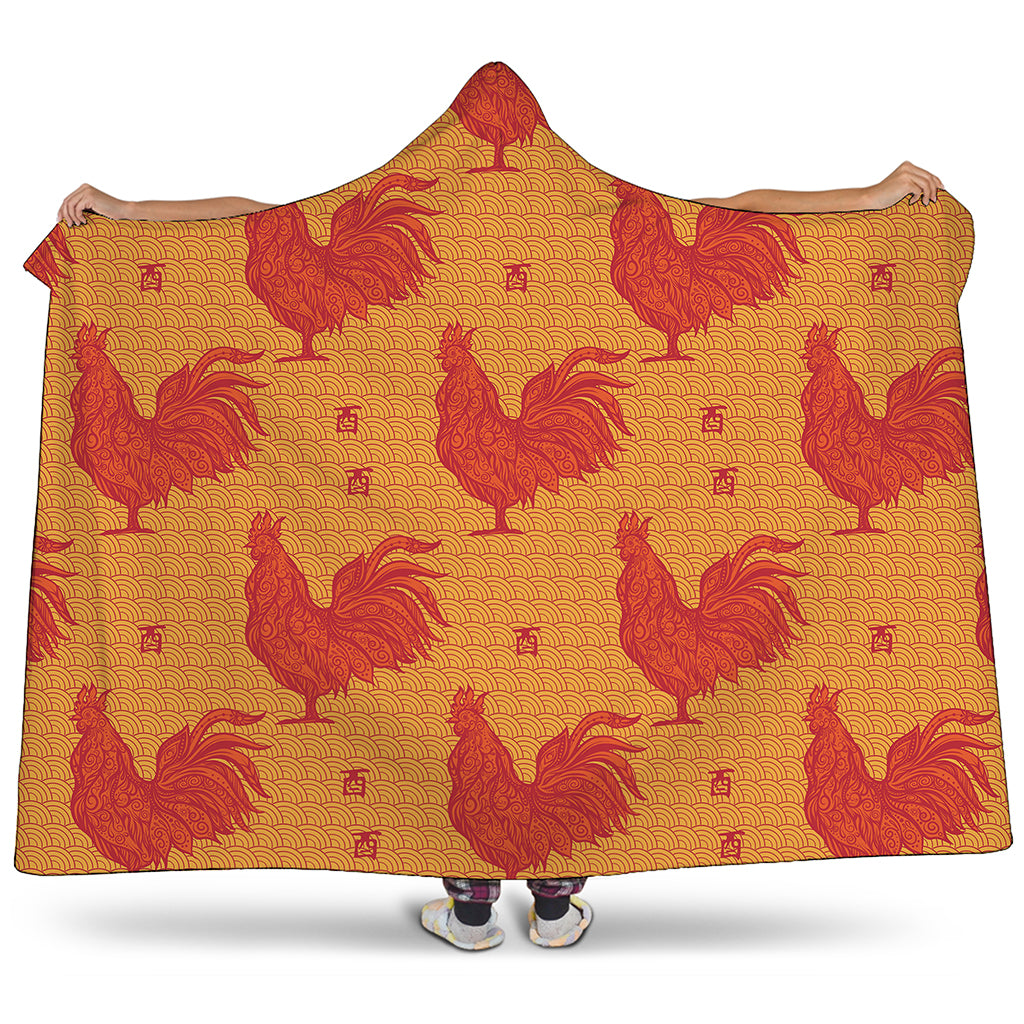 Chinese Rooster Pattern Print Hooded Blanket
