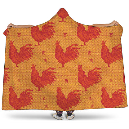 Chinese Rooster Pattern Print Hooded Blanket