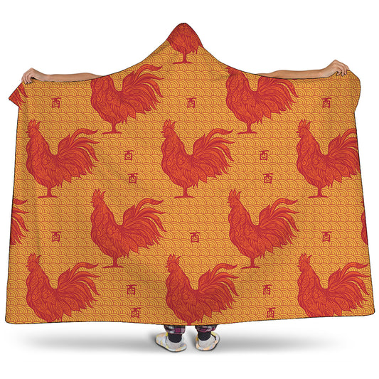 Chinese Rooster Pattern Print Hooded Blanket