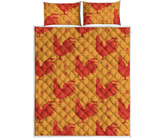 Chinese Rooster Pattern Print Quilt Bed Set