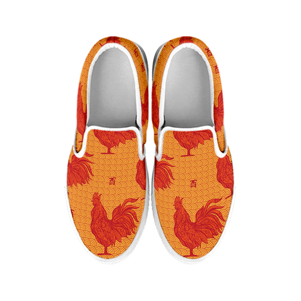 Chinese Rooster Pattern Print White Slip On Shoes