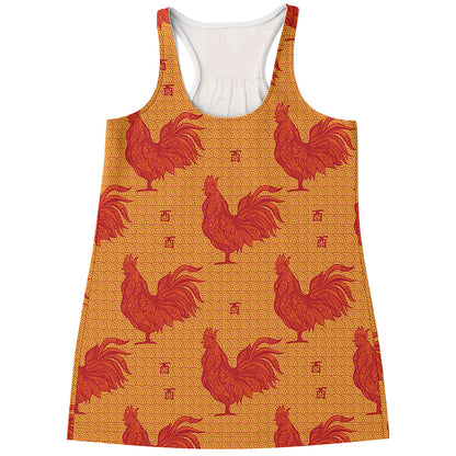 Chinese Rooster Pattern Print Women's Racerback Tank Top
