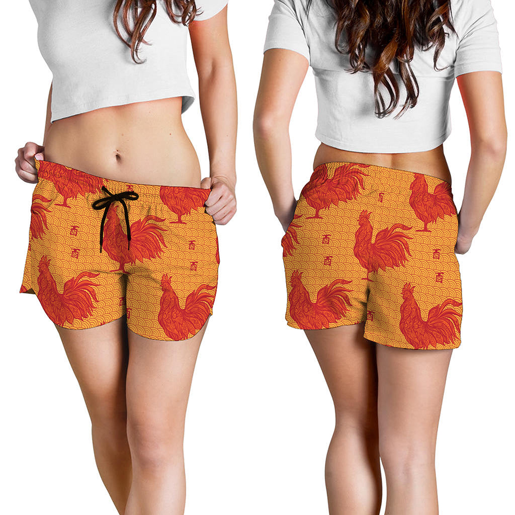 Chinese Rooster Pattern Print Women's Shorts