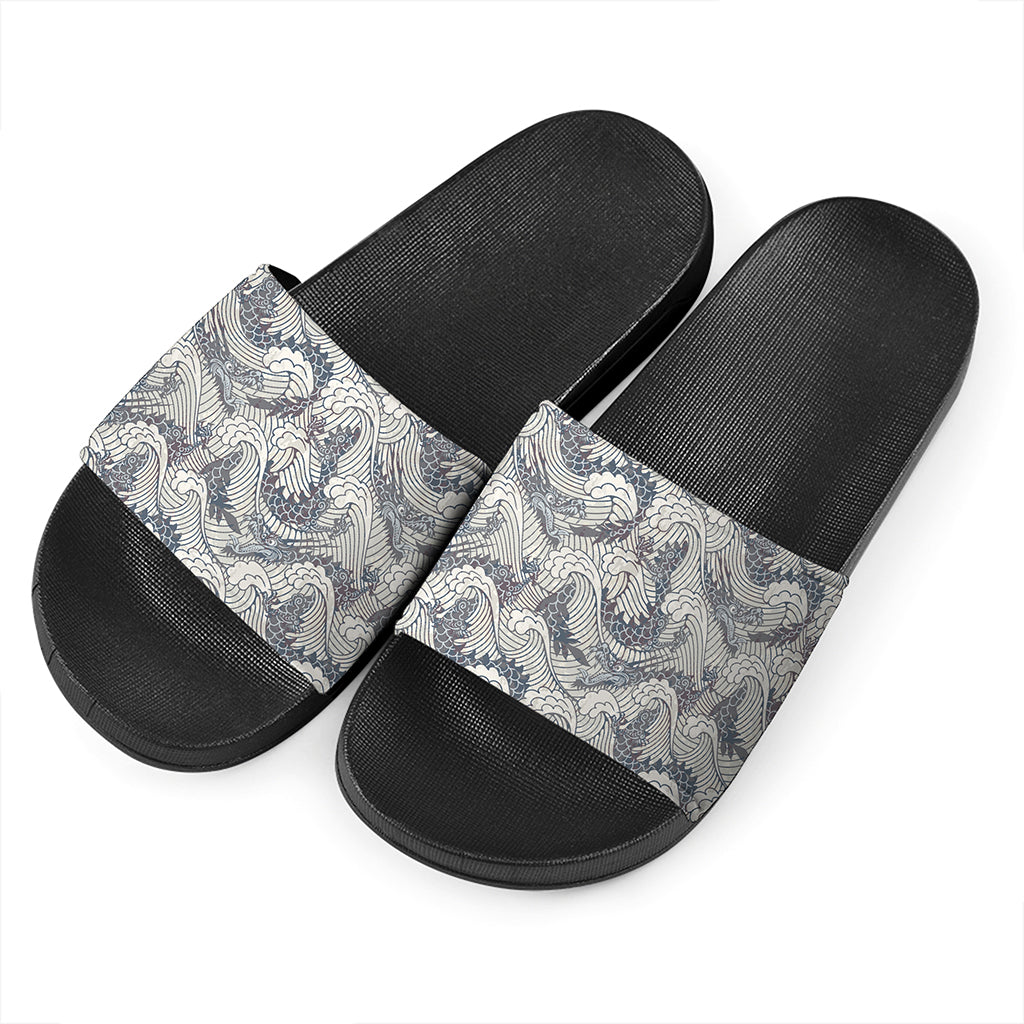 Chinese Sea Dragon Pattern Print Black Slide Sandals