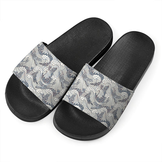 Chinese Sea Dragon Pattern Print Black Slide Sandals