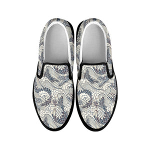 Chinese Sea Dragon Pattern Print Black Slip On Shoes