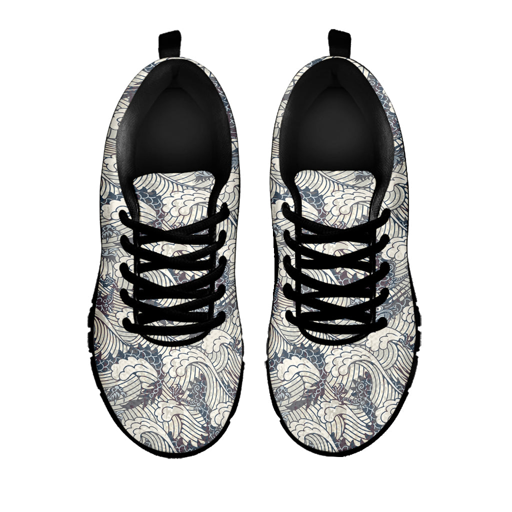Chinese Sea Dragon Pattern Print Black Sneakers