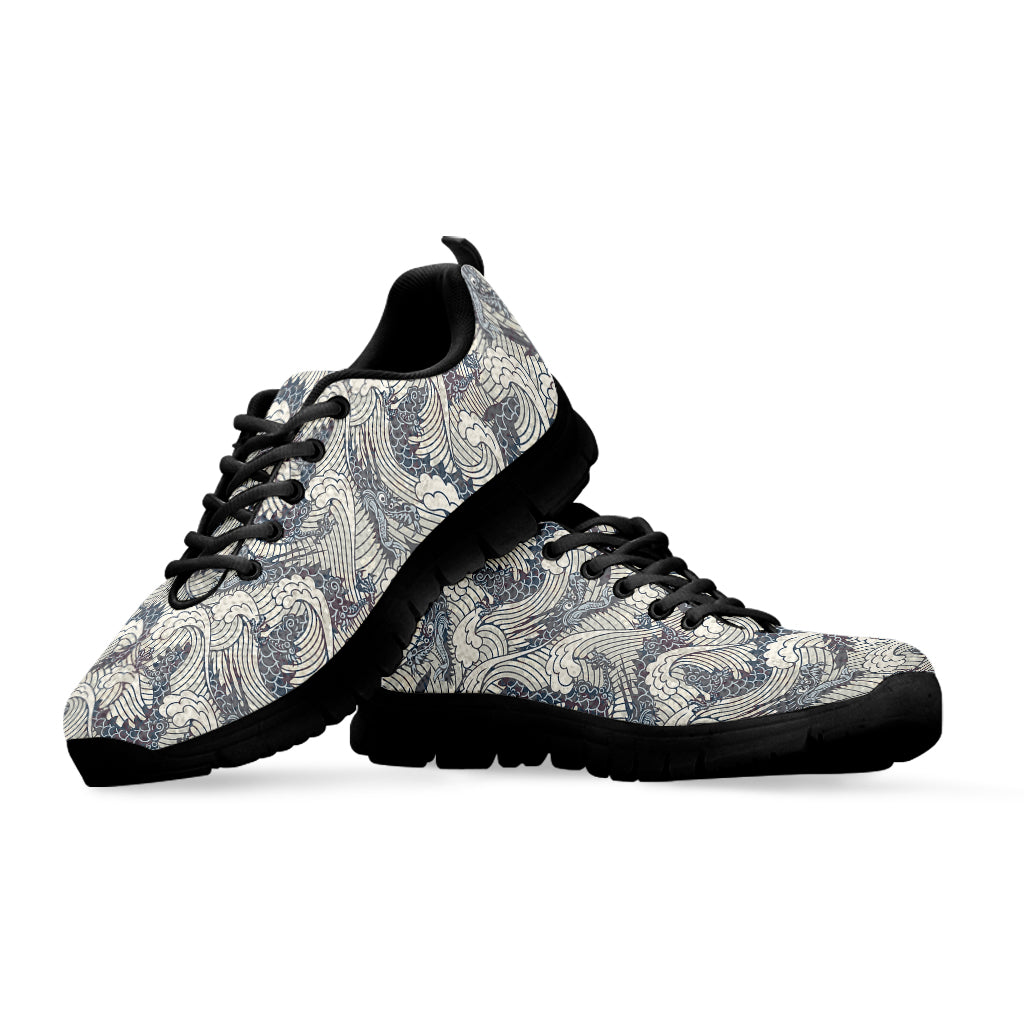 Chinese Sea Dragon Pattern Print Black Sneakers