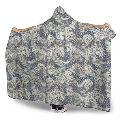 Chinese Sea Dragon Pattern Print Hooded Blanket