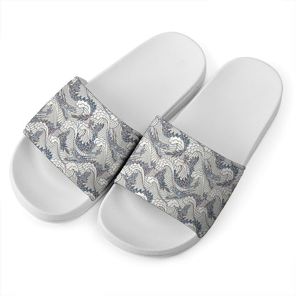 Chinese Sea Dragon Pattern Print White Slide Sandals