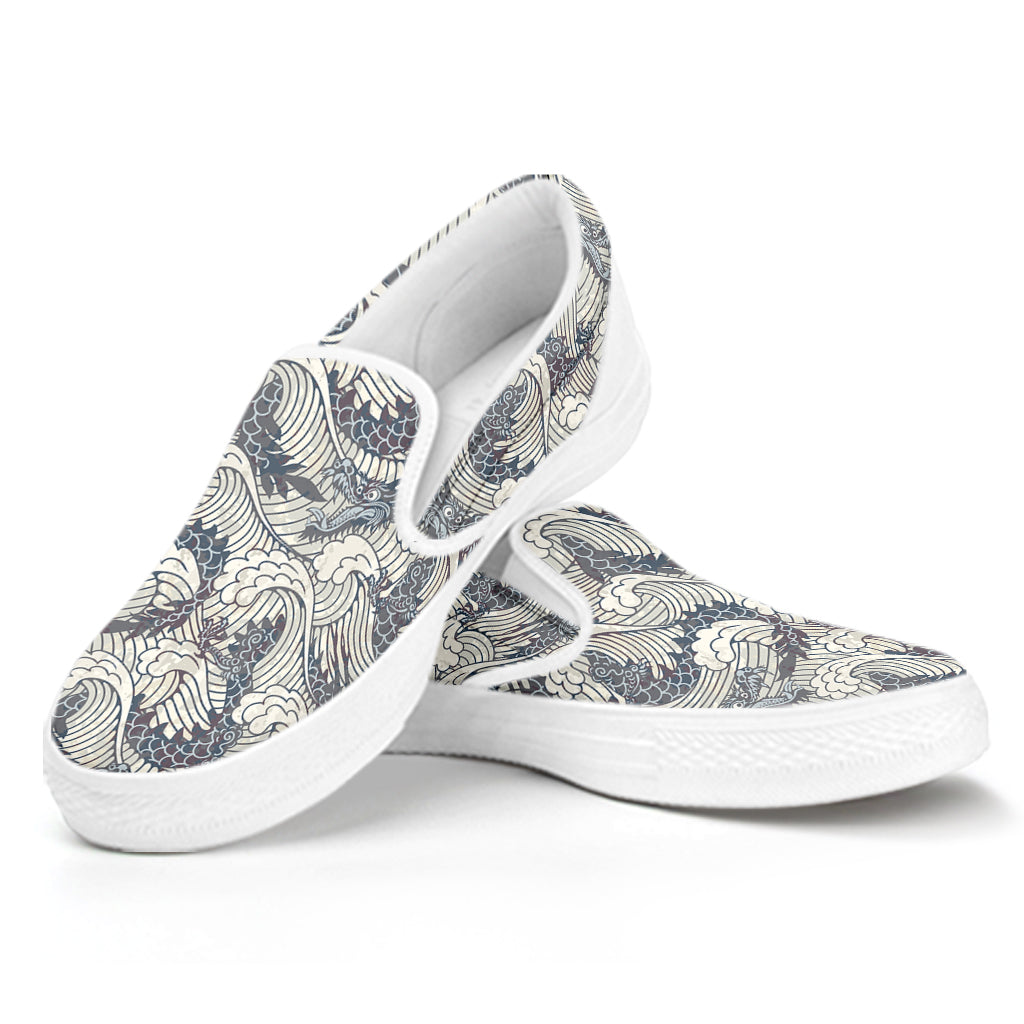 Chinese Sea Dragon Pattern Print White Slip On Shoes