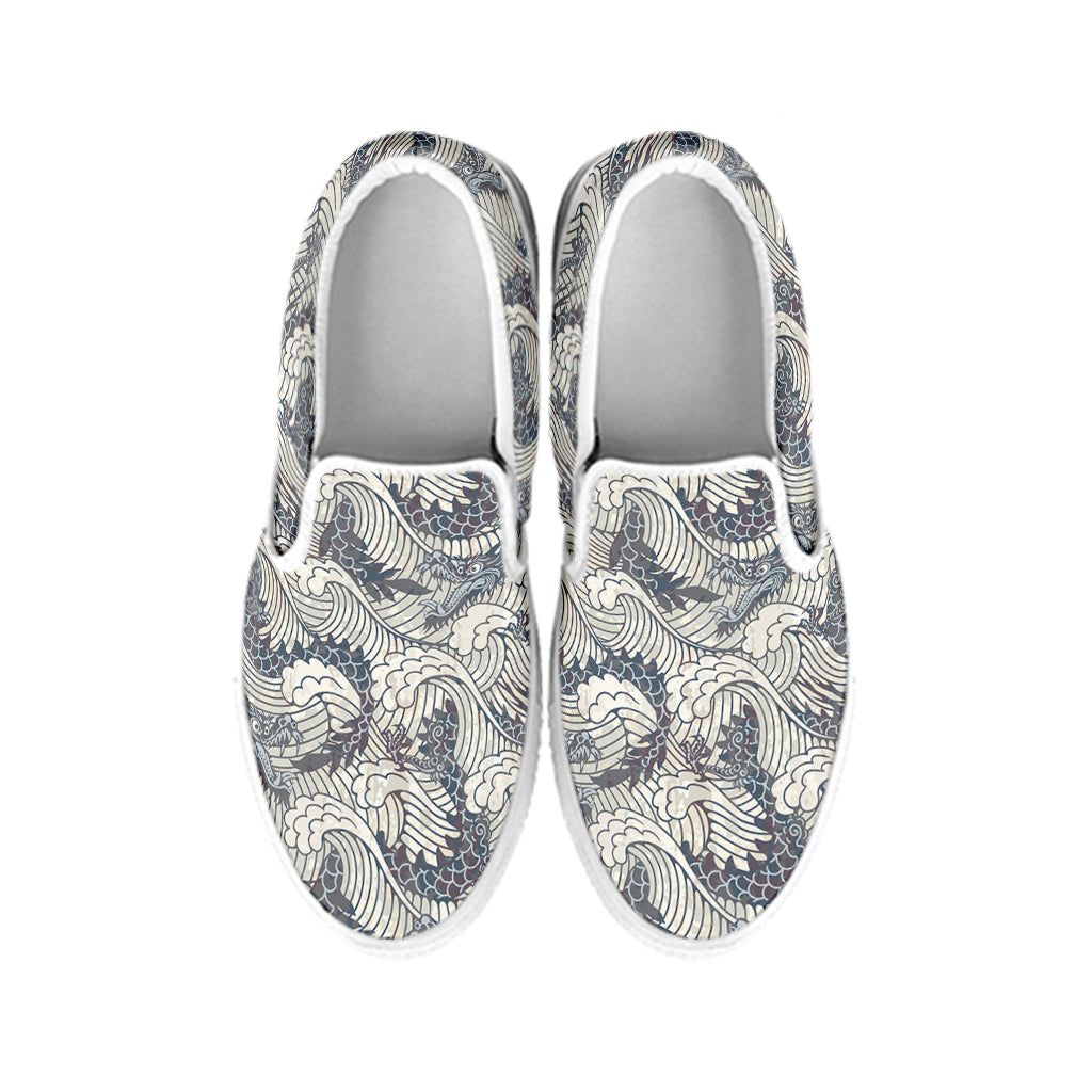 Chinese Sea Dragon Pattern Print White Slip On Shoes