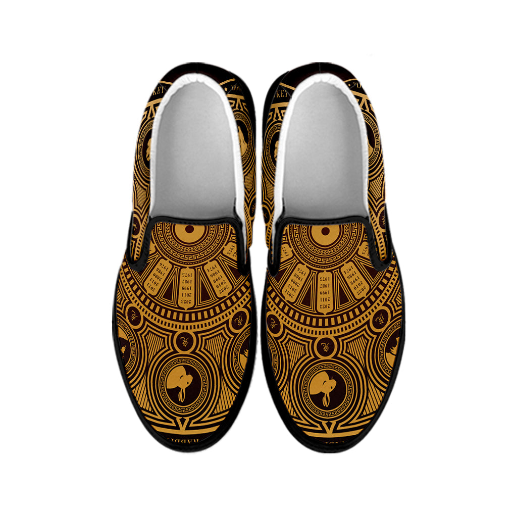 Chinese Zodiac Calendar Signs Print Black Slip On Shoes