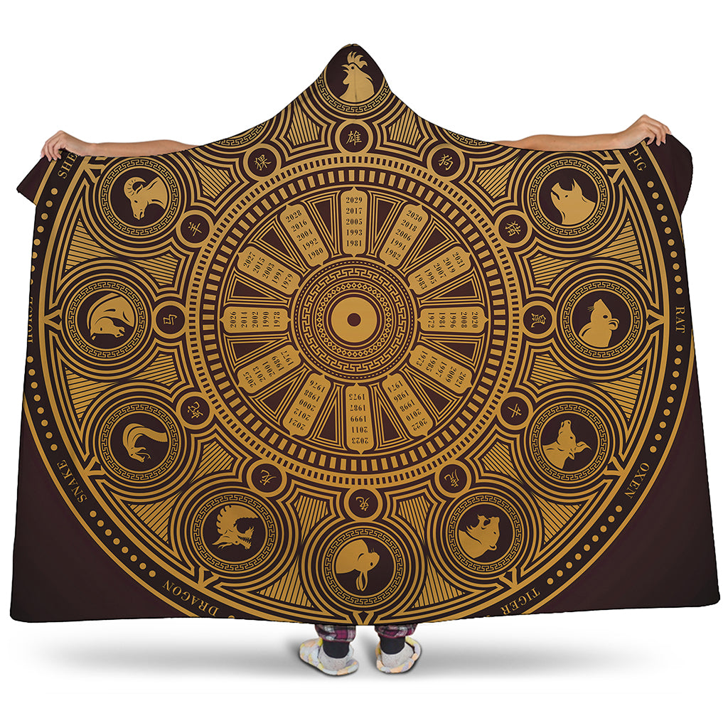 Chinese Zodiac Calendar Signs Print Hooded Blanket