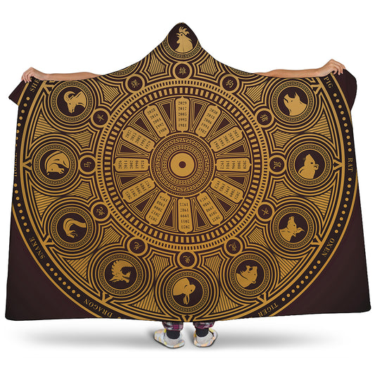 Chinese Zodiac Calendar Signs Print Hooded Blanket