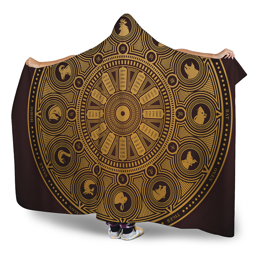 Chinese Zodiac Calendar Signs Print Hooded Blanket