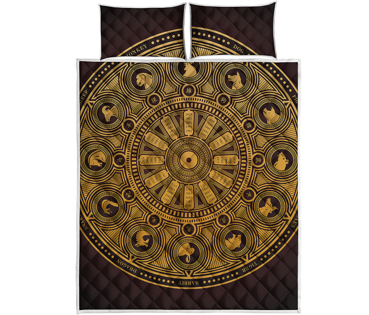 Chinese Zodiac Calendar Signs Print Quilt Bed Set